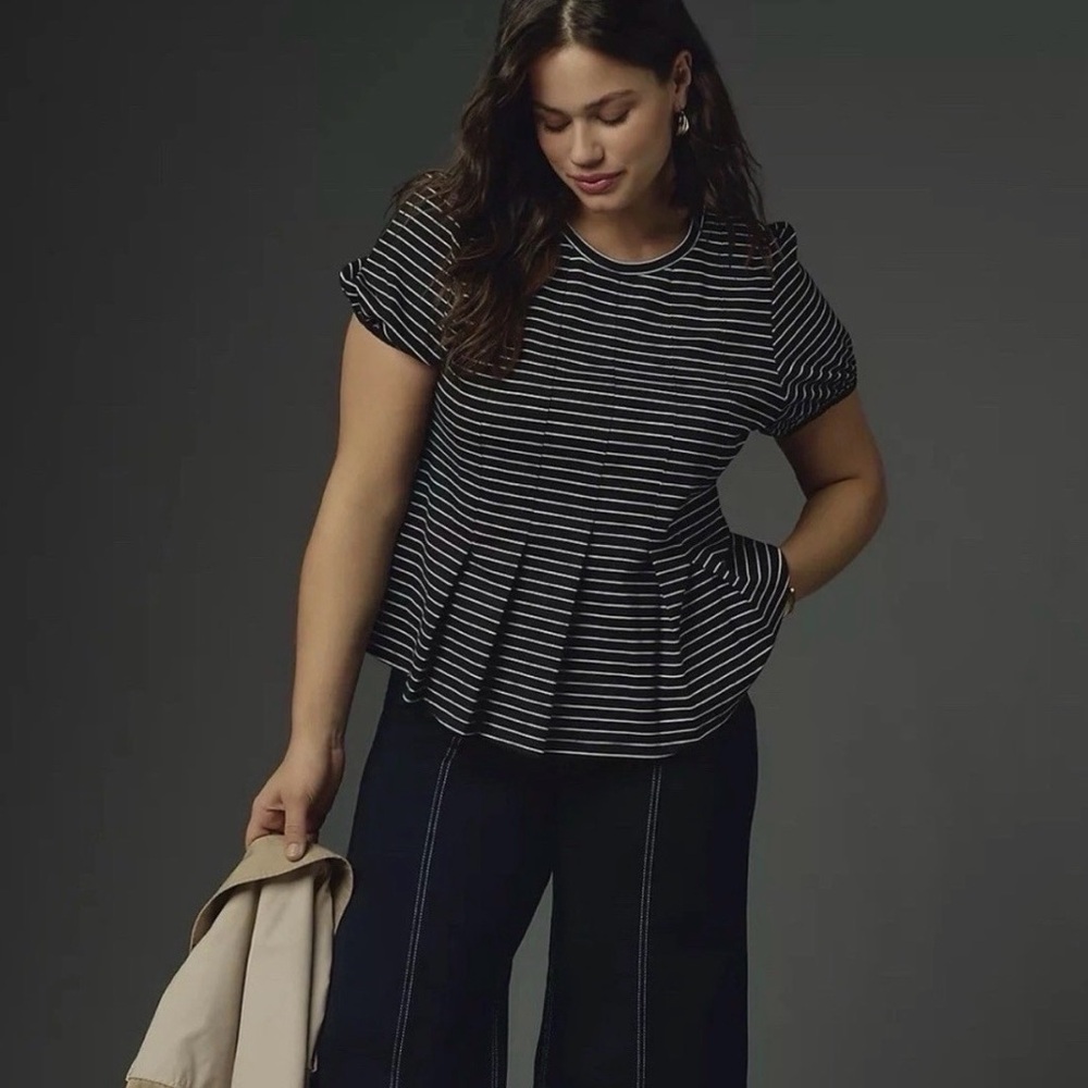 Maeve by Anthropologie Women's Black & White Striped Corset Peplum Top